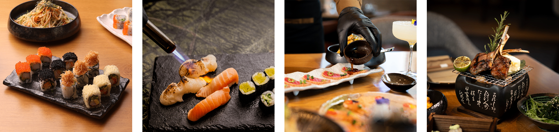 Japanese cuisine photography composite — sushi, sashimi, robata grill and cocktails