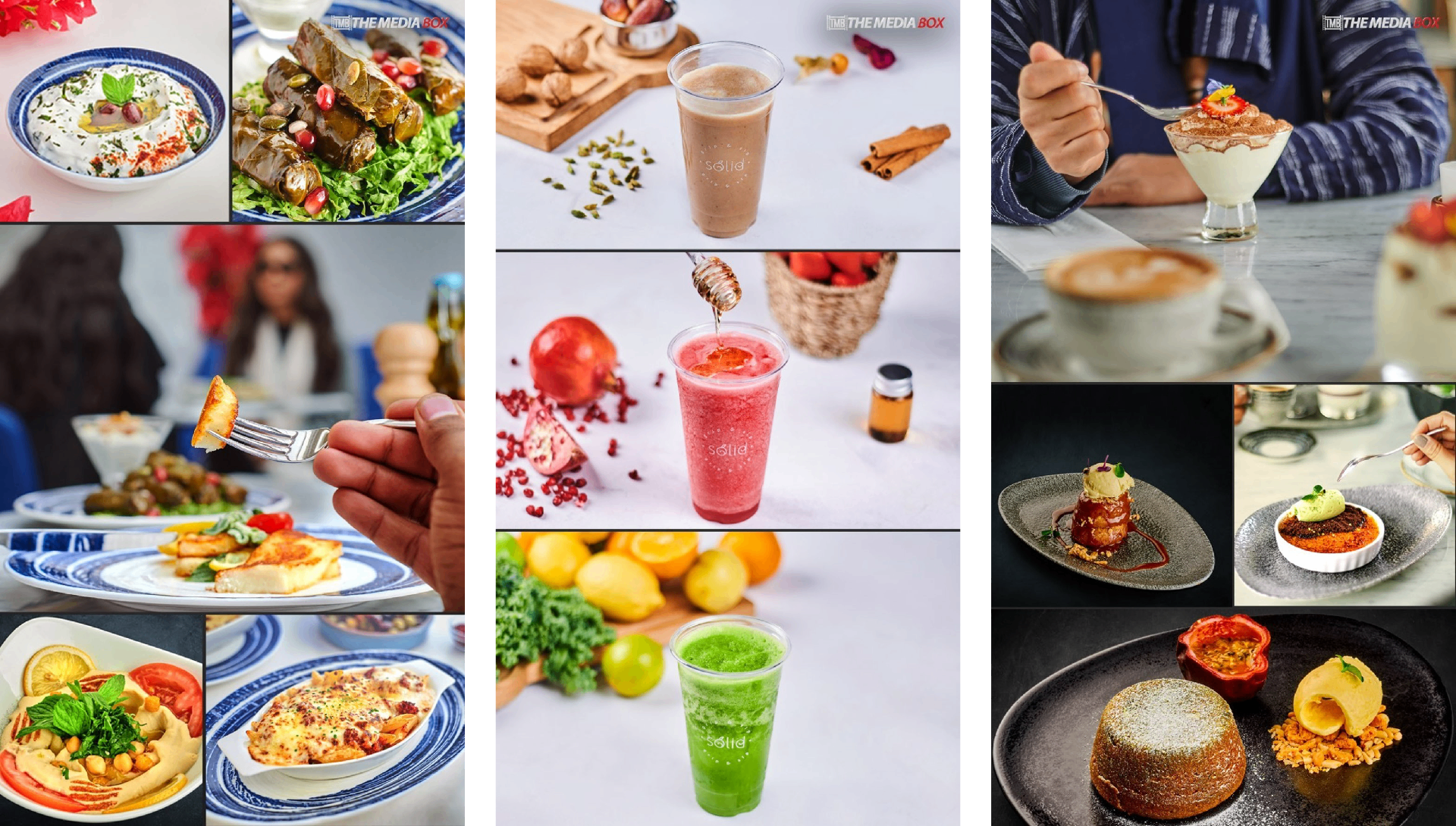Food and beverage photography composite — plated dishes, fresh juices and desserts